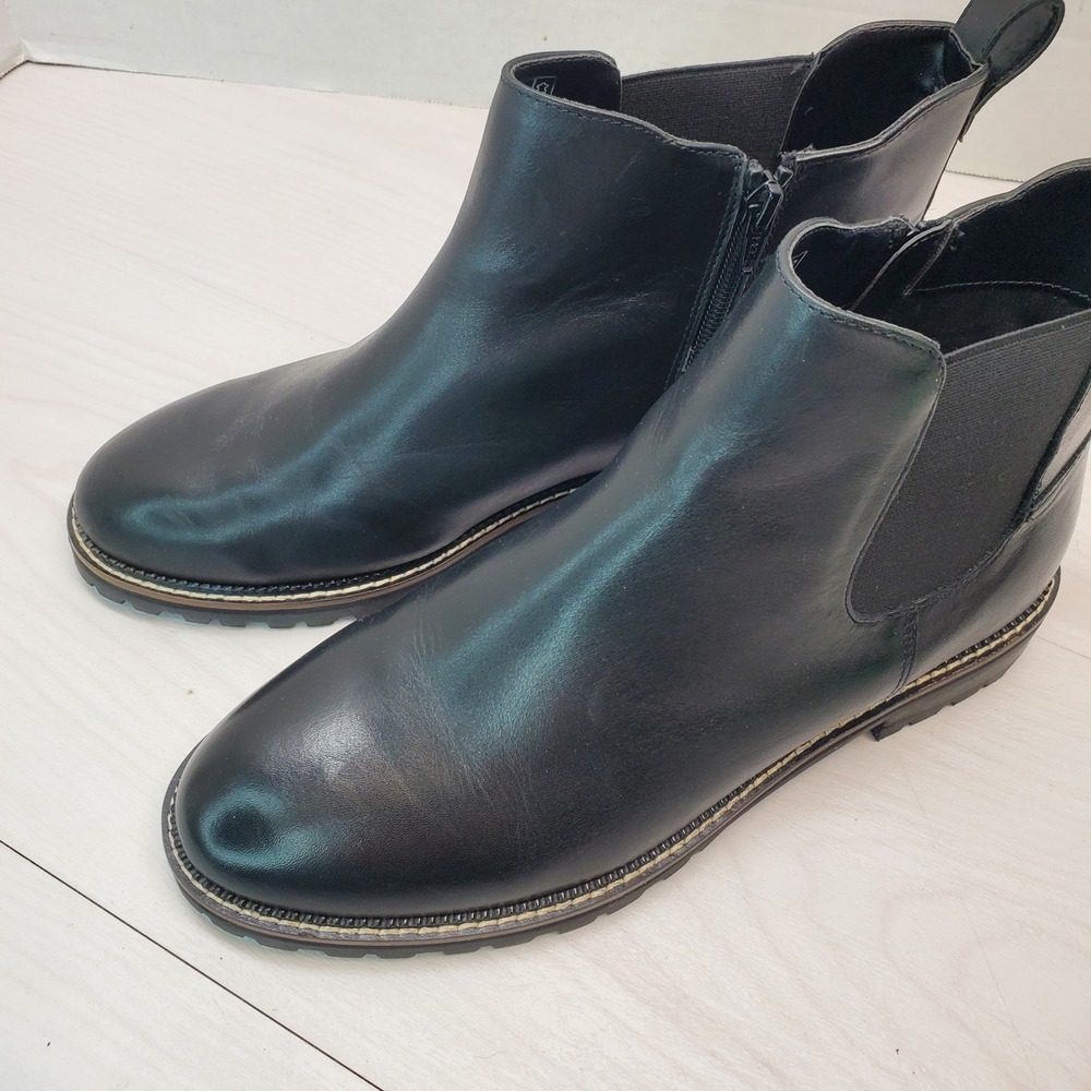 Lands' End Womens Black Leather Ankle Boots Side Zip Lug Sole Size 9B Whimsigoth